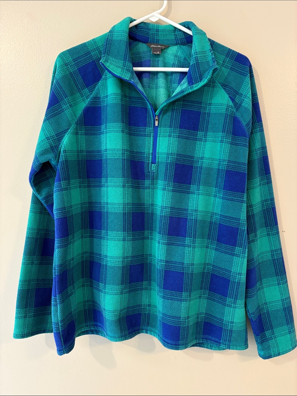 Eddie Bauer Women’s XL Plaid Fleece 1/4 Zip Pullover Teal Blue Cozy